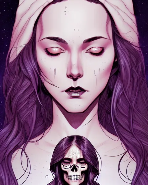 Prompt: comic cover art of a beautiful girl with tears in her eyes, skulls in the background, illustration by jenny frison and sana takeda, intricate details, stunning inking lines, stunning gradient colors, 4 k, hd, artstation, award winning