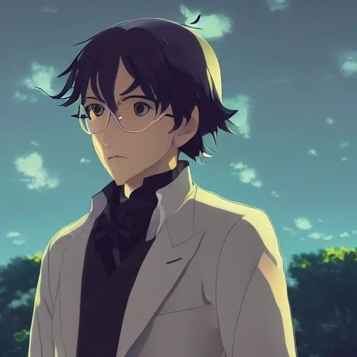 Image similar to high quality portrait of edgar poe. art by makoto shinkai, crunchyroll, pixiv, danbooru, hd, headshot, cinematic still, detailed anime face, bokeh, digital art, cel shading, vivid colors, ambient lighting