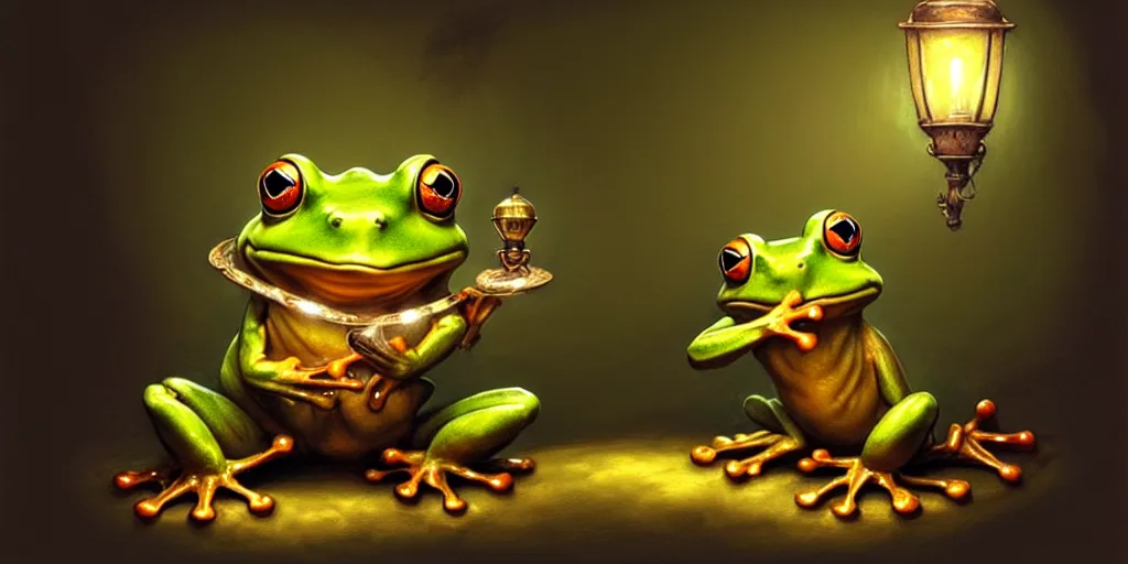 Prompt: a frog holding a lamp by justin gerard, concept art, creature design