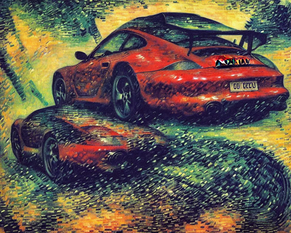 Image similar to a porsche in a monsoon by umberto boccioni. detailed, proportional, romantic, enchanting, achingly beautiful, graphic print, trending on artstation, jungle, tropical, foliage