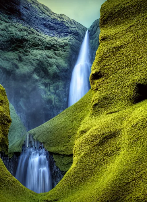 Prompt: a waterfall in the middle of a mountain range, a detailed matte painting by hallsteinn sigurðsson, shutterstock contest winner, naturalism, uhd image, creative commons attribution, photo taken with ektachrome