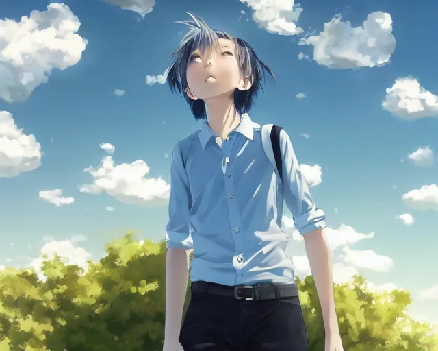 Image similar to teen looking at blue sky, wearing white shirt, back turned, looking up, illustration, by pine ( ハイネ ) and 薯 子 imoko and 香 川 悠 作 and wlop and maya takamura, highly detailed, trending artstation, pixiv, digital art