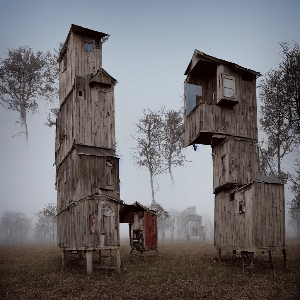 Image similar to two high towers, made up of makeshift squatter shacks with faded colours, plain uniform sky at the back, uneven fog, mamiya, fully frontal view, ultra sharp, very detailed, photographed by julie blackmon