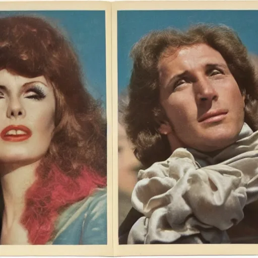 Prompt: a 7 0 s double page spread of a woman looking up at a man. the woman is called carmen and the caption how did i manage without carmen before. colour brochure