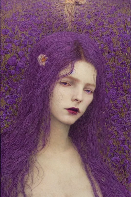 Image similar to portrait of beautiful gothic young mainem, thunderstorm, cyber armor, a lot of scars, more and more flowers, purple head, the middle ages, highly detailed, artstation, illustration, art by jean delville, 8 k quality, art by greg gandy and dragan bibin, gustav klimt