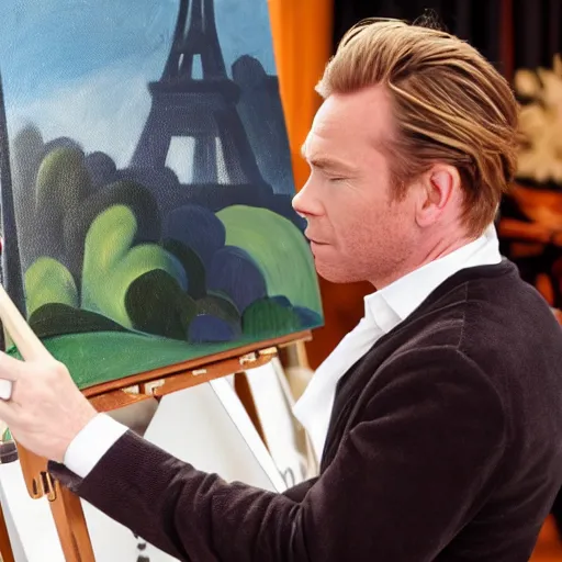 Image similar to ewan mcgregor is dressed as a gentleman at early 2 0 th century paris. he is watching an easel. that easel has a canvas on it. ewan mcgregor has a brush on his hand. he is painting a painting. realistic painting with strong outlines, by studio ghibli