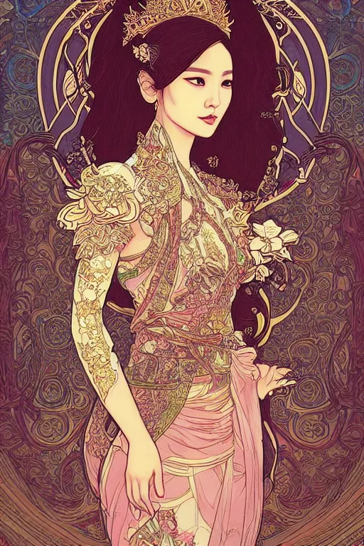 Image similar to beautiful and detailed digital illustration of thai princess by kittichai rueangchaichan, floralpunk, Artstation, art nouveau aesthetic, Alphonse Mucha background, intricate details,concept art, realistic, dramatic, detailed intricate ink illustration, heavenly atmosphere