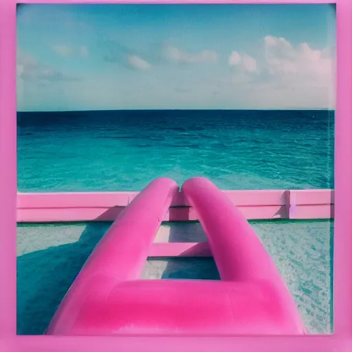 Prompt: a pastel colour high fidelity wide angle Polaroid art photo from a holiday album at a seaside of a large pink ship in the sea surrounded with abstract inflatables, all objects made of transparent iridescent Perspex and metallic silver, a grid of sun beds iridescence, nostalgic