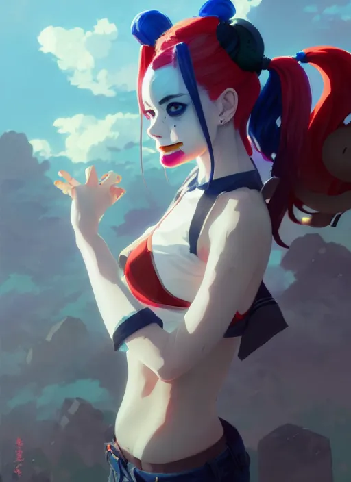 Image similar to portrait of harley quinn, cloudy sky background lush landscape illustration concept art anime key visual trending pixiv fanbox by wlop and greg rutkowski and makoto shinkai and studio ghibli