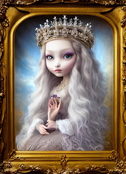 Image similar to highly detailed closeup portrait of a snow, ice princess wearing a crown and sitting on a throne, nicoletta ceccoli, mark ryden, lostfish, earl nore, global illumination, god rays, detailed and intricate environment