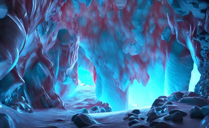 Image similar to liquid nitrogen and red water-cooling coolant flowing through latent representations of ice caverns by centrifugal forces, gaming pc RGB components sticking out the walls!!!!, high detail, high contrast!, low-poly elements!!!, trending on artstation, octane render, subsurface scattering, 4k