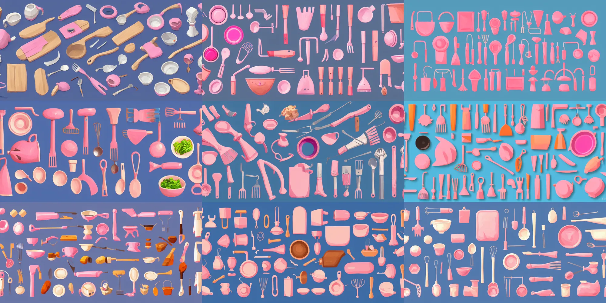 Prompt: game asset of the sims kitchen utensils and furniture and decoration, in gouache detailed paintings, props, stylized, 2 d sprites, kitbash, arcane, overwatch, blue and pink color scheme, 8 k, close up