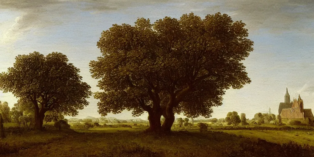 Prompt: a beautiful landscape painting of a giant tree next to a church in the fields, by jan van goyen, oil on canvas, highly detailed, hd, 4 k