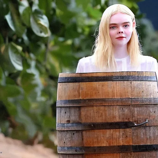 Prompt: Elle Fanning emerges from a barrel filled with olives in oil