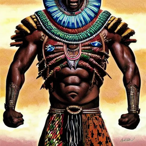 Image similar to a full body muscular male with an african mask, wearing an african armor, shaman, zulu, hamar, himba, karo, masai, samburu, by alex gray and android jones, karol bak, ilya golitsyn, ayami kojima, amano, black panther, moebius, concept art, character design, fantasy, 3 d, 8 k resolution