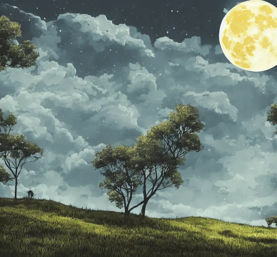 Image similar to day landscape with big moon background, acrilic paint, digital, artstation, detailed, intricate, ink, illustration, heavenly atmosphere