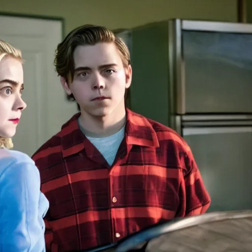 Prompt: kiernan shipka as sabrina spellman and cole sprouse as jughead jones with walter white, still from breaking bad