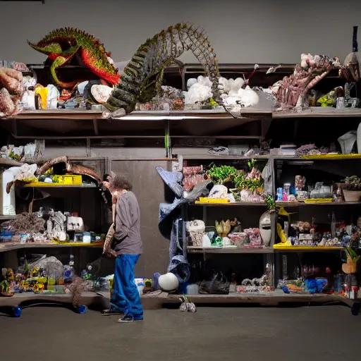 Image similar to garage with carnivorous plants on the shelves and packing peanuts on the floor, scene from tv show hyper detailed 5 5 mm 8 5 mm, low - light photography by tyler mitchell, made out of plastic