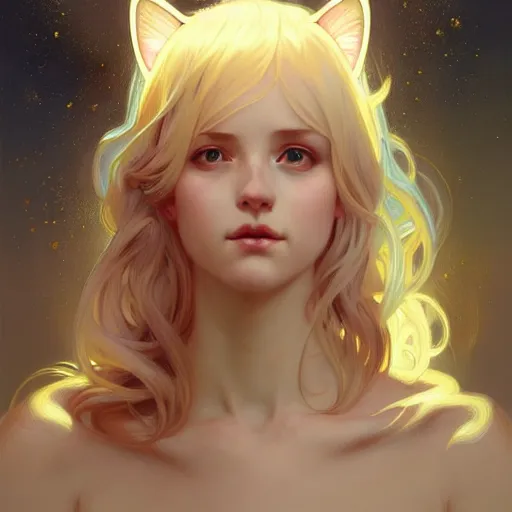 Image similar to Portrait of a girl angel with blonde hair, cat ears, glowing halo, wings, fantasy, intricate, elegant, highly detailed, digital painting, artstation, concept art, smooth, sharp focus, illustration, art by Krenz Cushart and Artem Demura and alphonse mucha