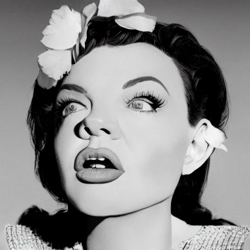 Image similar to a photographic portrait of a hybrid of judy garland and lisa minelli and angelina jolie, close up