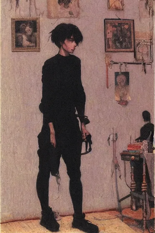 Image similar to a skinny goth guy standing in a cluttered 9 0 s bedroom, full body character concept art, vaporwave colors, jules bastien art,