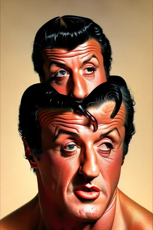 Image similar to portrait of sylvester stallone by gil elvgren and norman rockwell and rob gonsalves and hajime sorayama, hyperrealistic, high detail, ultra detailed, highly detailed face