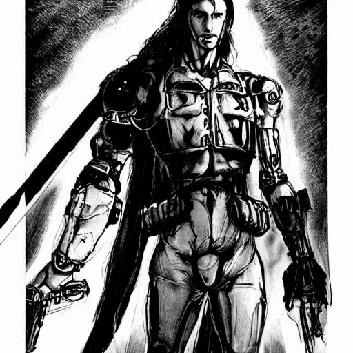 Prompt: pen and ink!!!! attractive 22 year old cyborg!!! Frank Zappa x Jared Leto Metal Gear Solid technical art Dune!!! golden Vagabond!!!! magic swordsman glides through a beautiful!!!!!!!! battlefield magic the gathering dramatic esoteric!!!!!! pen and ink!!!!! illustrated in high detail!!!!!!!! by Hiroya Oku!!!!!!!!! Written by Wes Anderson graphic novel published on shonen jump MTG!!! 2049 award winning!!!!