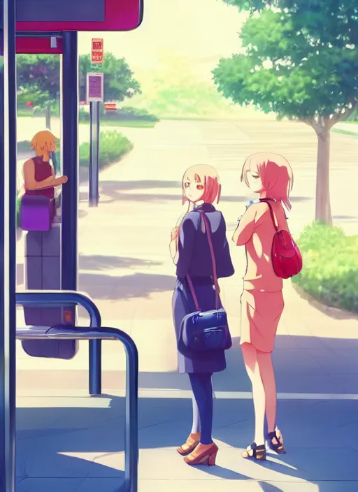 Image similar to two beautiful mothers waiting at a bus stop, summer clothes, gorgeous faces, smooth, thick lines, cinematic lighting, detailed anime art