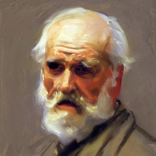 Image similar to detailing character concept portrait of old man by John Singer Sargent, on simple background, oil painting, middle close up composition