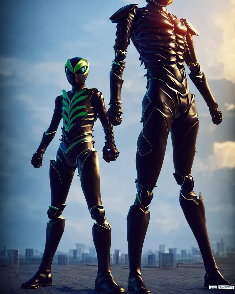 Image similar to kamen rider big belt hero sction pose, full body portrait, human structure bee concept art, human anatomy, intricate detail, hyperrealistic art and illustration by irakli nadar and alexandre ferra, blurry and sharp focus, on future tokyo night rooftop, unreal 5 engine highlly render, global illumination