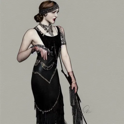 Image similar to full figure ultra realistic illustration, evan rachel wood wearing a 1 9 2 0 s flapper dress, 1 9 2 0 s hair, 1 9 2 0 s brooklyn, intricate, elegant, highly detailed, digital painting, artstation, concept art, smooth, sharp focus, illustration, art by artgerm and greg rutkowski and alphonse mucha