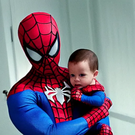 Image similar to spiderman holding baby wearing spiderman costumes, an film still