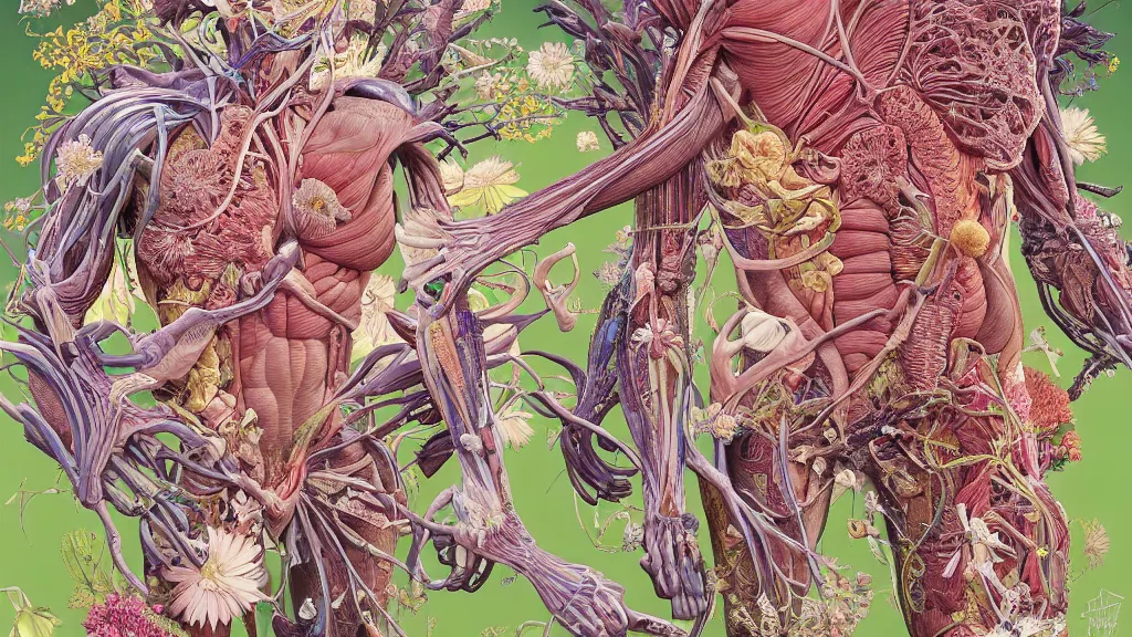 Image similar to highly detailed illustration of a human anatomy body exploded by all the known species of flowers by juan gatti, by makoto shinkai, by moebius!, by oliver vernon, by joseph moncada, by damon soule, by manabu ikeda, by kyle hotz, by dan mumford, by kilian eng