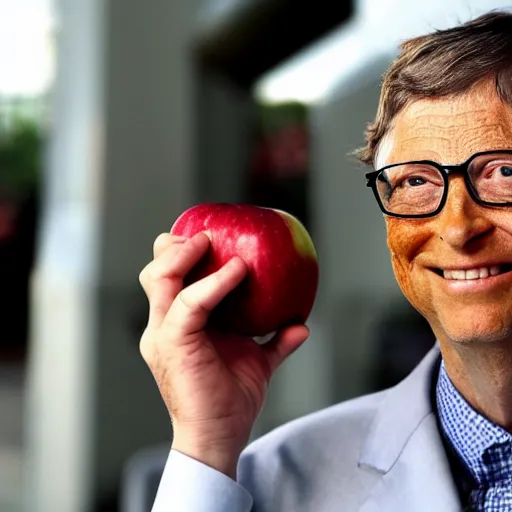 Image similar to bill gates eating an apple, face closeup