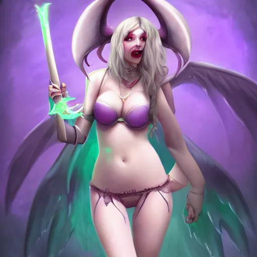 Prompt: Beautiful pale laughing succubus wearing a bra and short pant with bat wings and devil's horns, violet lighting, masterpiece, in hearthstone art style, epic fantasy style art, fantasy epic digital art, epic fantasy card game art