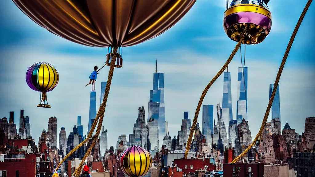 Prompt: large colorful futuristic space age metallic steampunk balloons with pipework and electrical wiring around the outside, and people on rope swings underneath, flying high over the beautiful mew york city landscape, professional photography, 8 0 mm telephoto lens, realistic, detailed, photorealistic, photojournalism