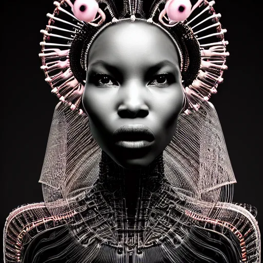 Prompt: portrait of an absurdly beautiful, graceful, sophisticated, fashionable black cyberpunk mechanoid gravure idol, ultrafine hyperdetailed illustration by irakli nadar, alek wek, matt wisniewski style, intricate linework, ebony skin, neon jellyfish headdress, ivory carved ruff, unreal engine 5 highly rendered, global illumination, radiant light, detailed and intricate environment