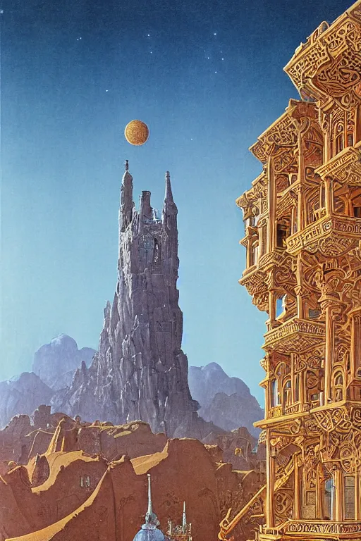 Image similar to ancient silver tower of the moon, distance view, fairytale illustration, elaborate carved latticed balconies, tall windows, moorish architecture, formal gardens, dramatic cinematic lighting, soft colors, golden age illustrator, unreal engine, by Andreas Rocha and Ludwig Deutsch and (Maxfield Parrish and Nicholas Roerich)