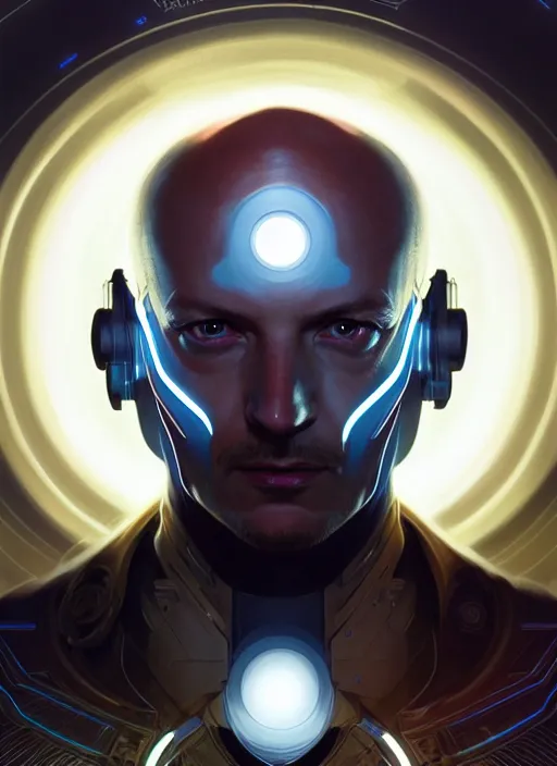 Prompt: symmetry portrait of professor charles xavier, sci - fi, tech wear, glowing lights, intricate, elegant, highly detailed, digital painting, artstation, concept art, smooth, sharp focus, illustration, art by artgerm and greg rutkowski and alphonse mucha