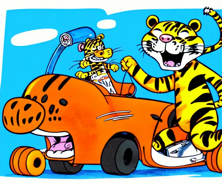 Prompt: cute and funny, tony the tiger, wearing a helmet, driving a hotrod, oversized enginee, ratfink style by ed roth, centered award winning watercolor pen illustration, isometric illustration by chihiro iwasaki, the artwork of r. crumb and his cheap suit, cult - classic - comic,