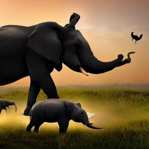 Prompt: a cartoon of an elephant chasing a rhino on african plains, tron