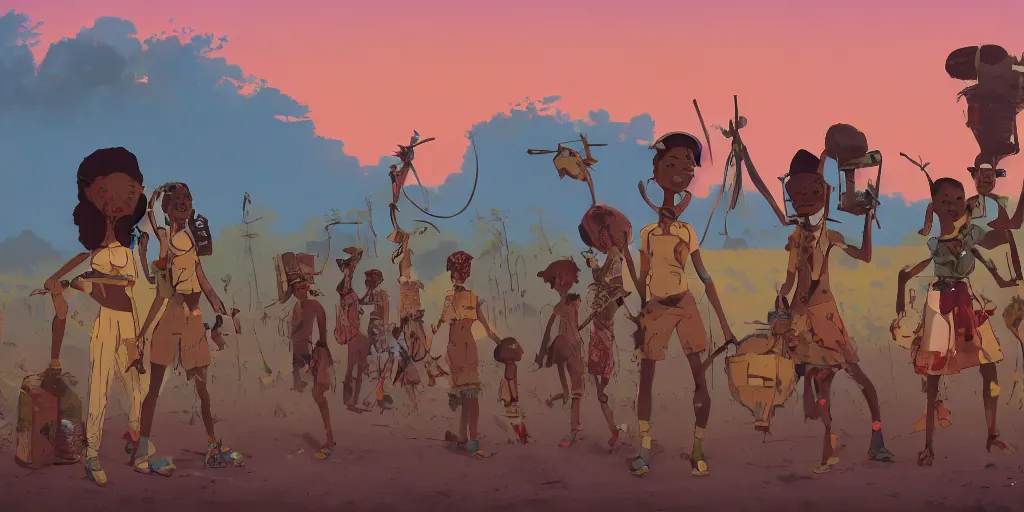 Image similar to a film still from Triplets of Belleville, 4 kids wearing African tribal masks with graffiti war paint stand together ready for battle in an open field in the middle of an African favela , medium shot, waist up, studio Ghibli, Pixar, Disney and animation anime key art by anime key art by Ian McQue, ilya kuvshinov and Greg Rutkowski, Bloom, dramatic lighting global illumination, muted red and grey