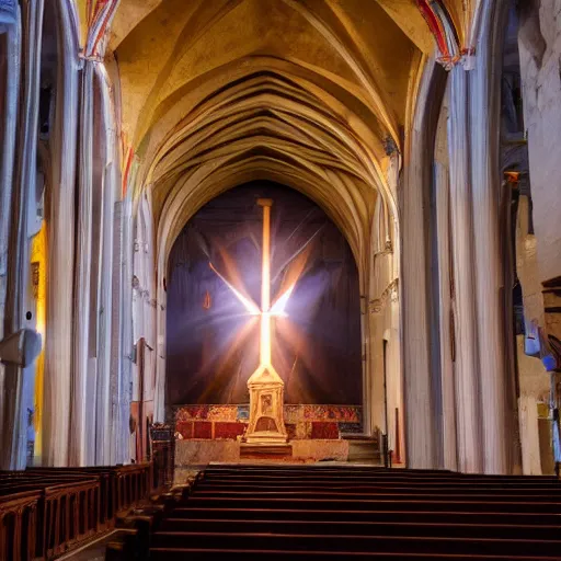 Image similar to a cinematic painting of jesus stood on the alter in an abandoned cathedral interior, he is lit by a strong beam of light shining in through a crack on the ceiling, 8 k, movie still, wide angle photograph