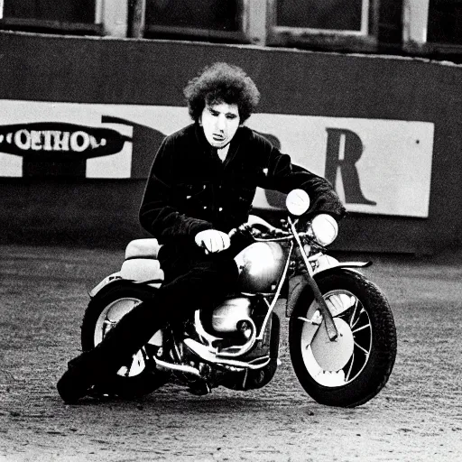 Image similar to bob dylan riding a motorcycle and playing his guitar in the fulham football club stadium, photograph