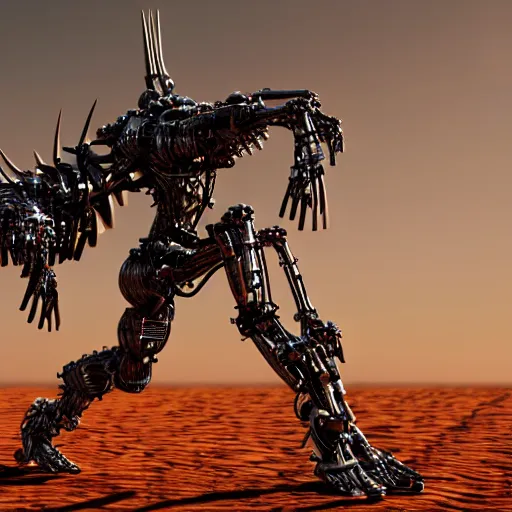 Image similar to a scary cyborg with long spikes walking in the desert, photorealistic, symmetrical 4k