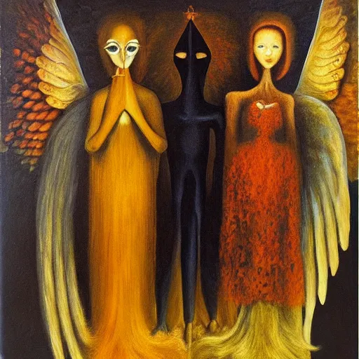 Image similar to a new, original piece by remedios varo, oil on canvas, surreal characters, angels