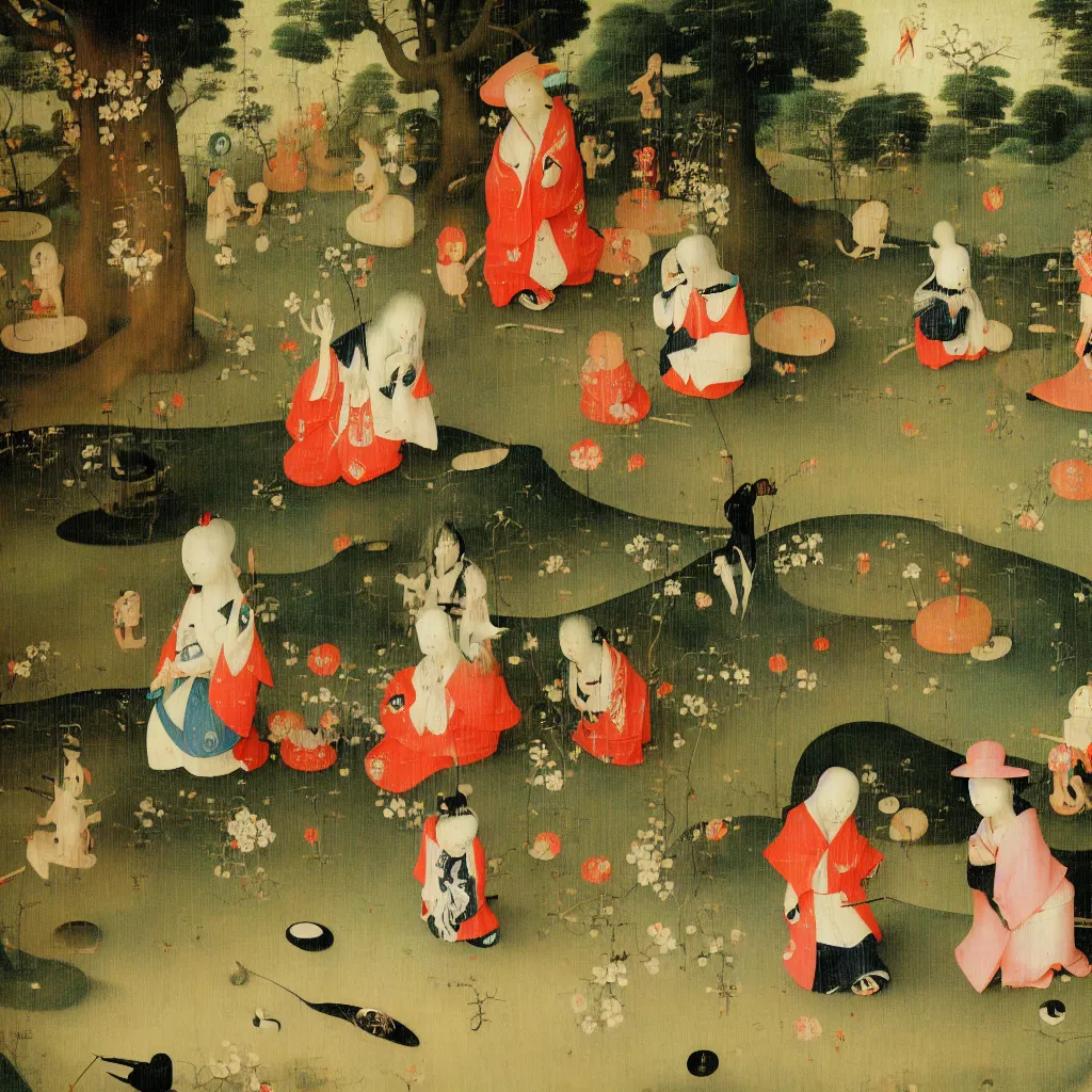 Image similar to Children playing in the Japanese Garden by Hieronymus Bosch and James Jean, Ross Tran, hypermaximalist, 8k, surreal oil painting, highly detailed, dream like, masterpiece