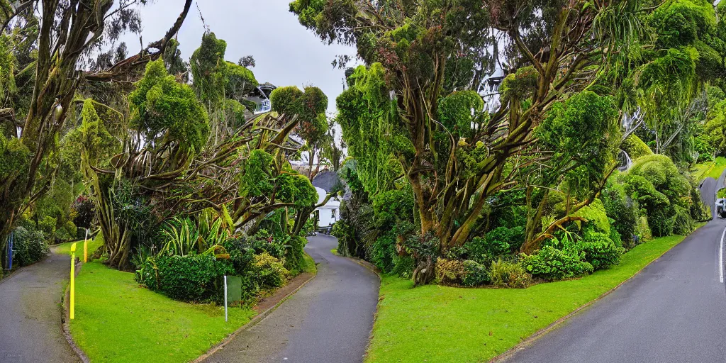 Image similar to a suburban street in wellington, new zealand. quaint cottages interspersed with an ancient remnant lowland podocarp broadleaf forest full of enormous trees with astelia epiphytes and vines. rimu, kahikatea, cabbage trees, manuka, tawa trees, rata. stormy windy day. google street view.