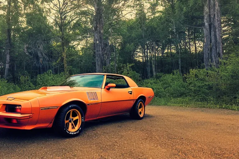 Prompt: pontiac firebird with glowing paint, sunrise, eerie light, fireflies, dog watching the car, dramatic, cinematic, forest, horror, sunbeams, volumetric lighting, wide shot, low angle, lightning storm hitting the car, ground cracking open to reveal a portal to hell