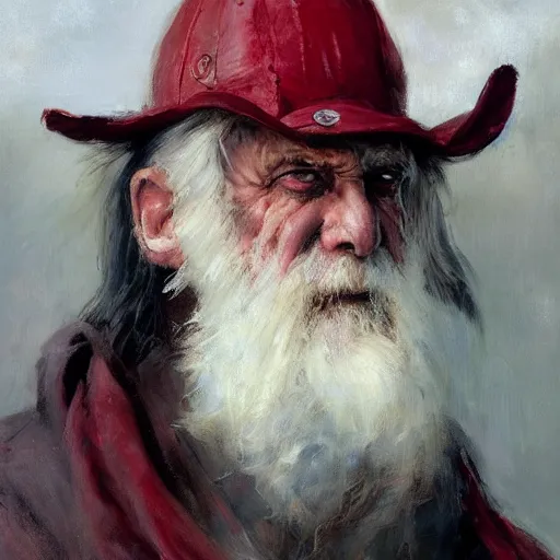 Image similar to Solomon Joseph Solomon and Richard Schmid and Jeremy Lipking victorian genre painting portrait painting of a old rugged dragon character in fantasy costume, red background